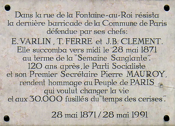 Plaque commmorative des derniers combats de la Commune - 17, rue de la Fontaine-au-Roi - pose le 28 mai 1991